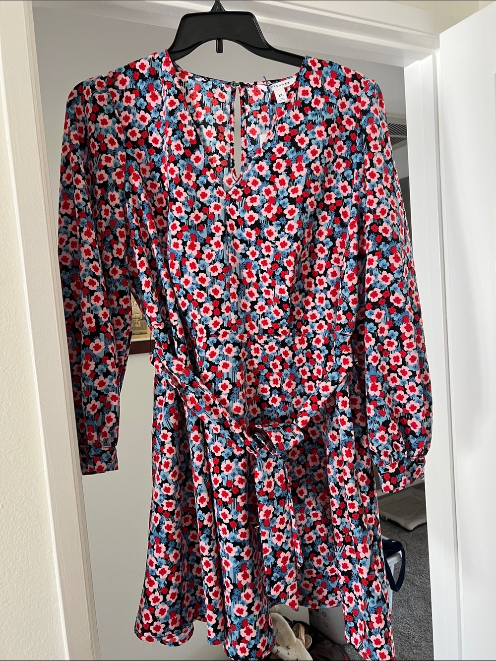 POPSUGAR Red, Blue & Black Floral Tie-Waist Mini Dress